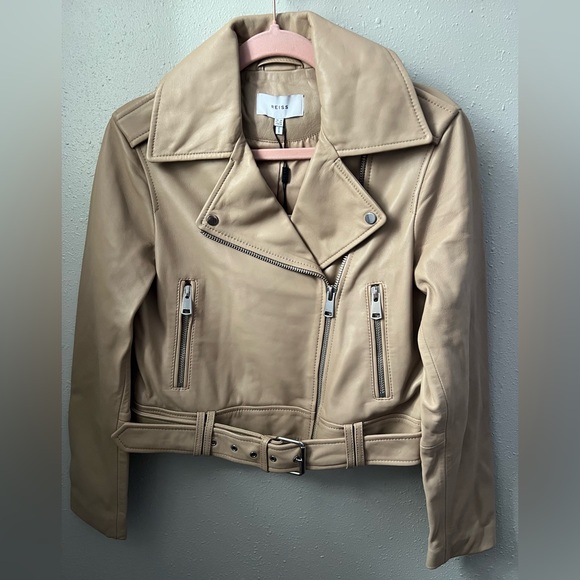 New REISS Tyler Leather Biker Jacket in Neutral Size 6 - Picture 4 of 11